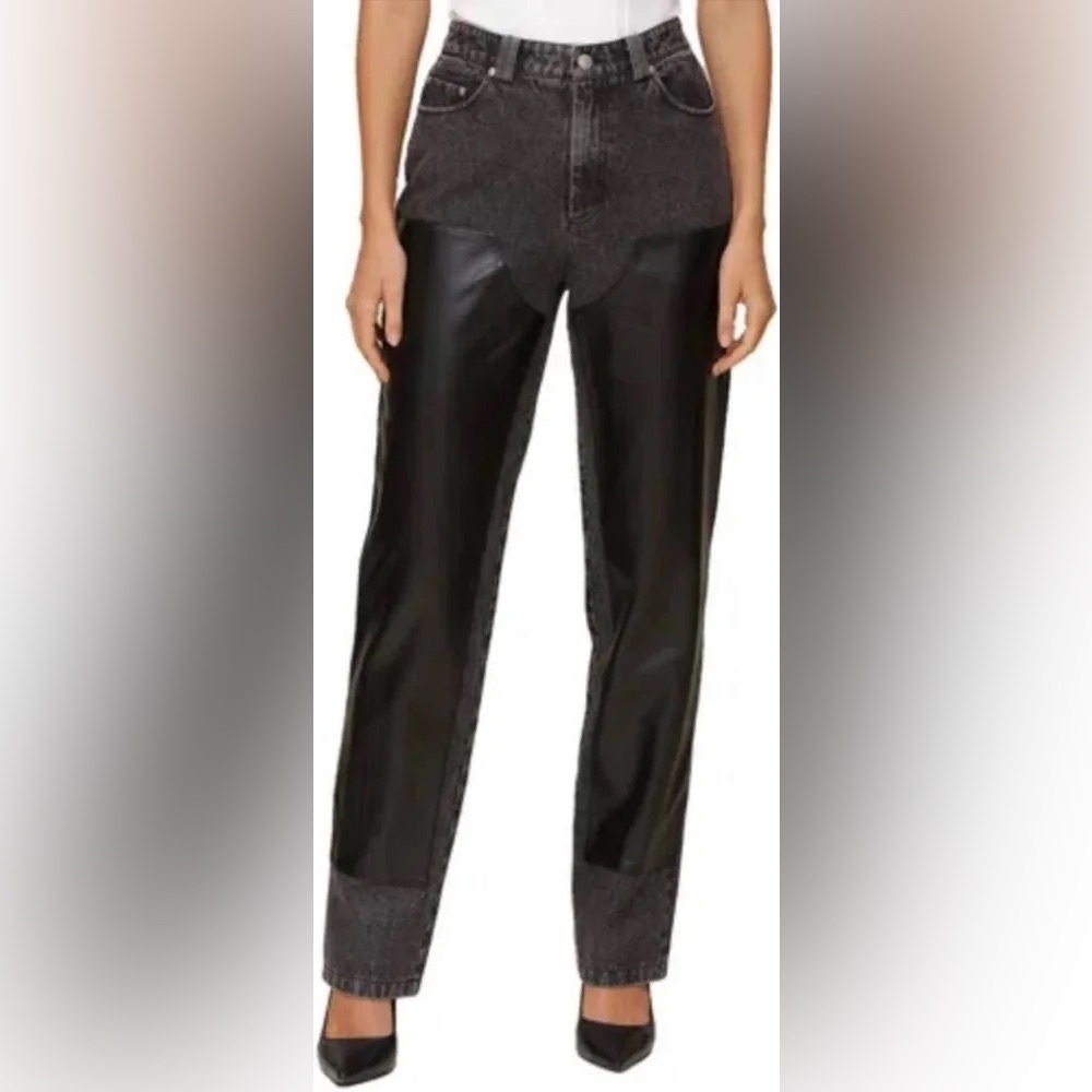 avec Les Filles Women's Faux Leather Trim Straight Leg Pants Jeans